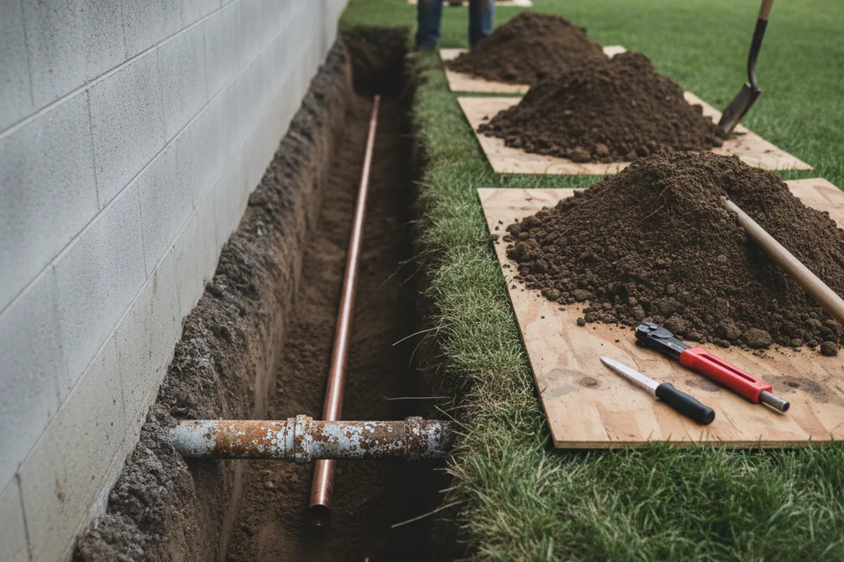 Excavated water line trench during Sewer Line Repair in Greenville